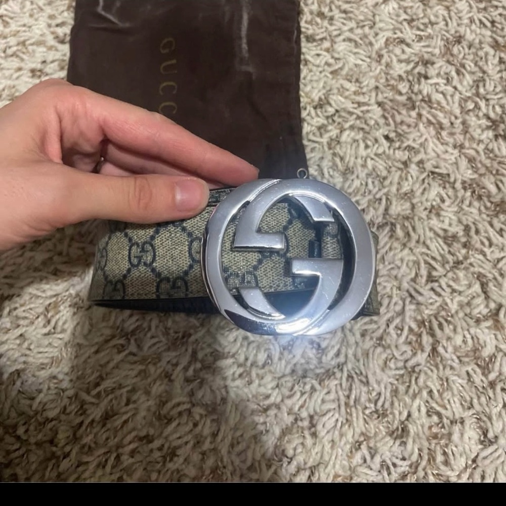 Gucci Silver Buckle with Tan and Brown Patterned Belt